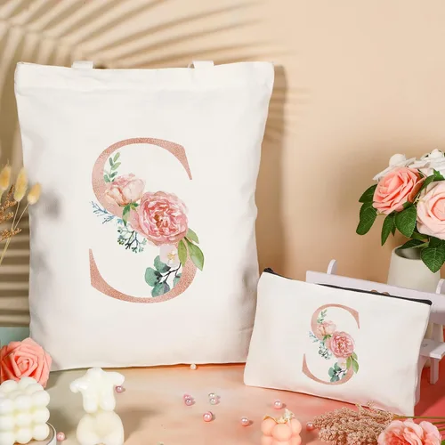 Miniatura 6 de Sanwuta 2 bolsas de lona con inicial, diseño floral con letras florales, bolsas de cosméticos de viaje, bolsas con monograma para mujer, mujer