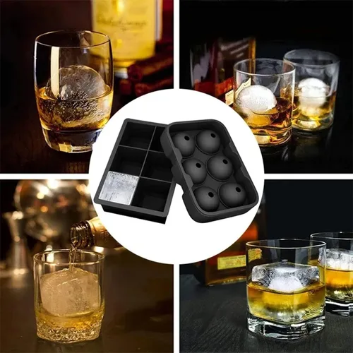 Miniatura 5 de Paquete variado de 2 moldes gigantes de silicona para cubitos de hielo de forma esférica y cuadrada, perfectos para whisky, cócteles, bourbon, sopas