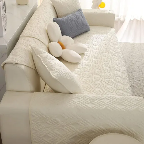 Miniatura 4 de vctops Funda acolchada geométrica para sofá modular de algodón, funda antideslizante en forma de L para niños y perros, respaldo y apoyabrazos, Beige