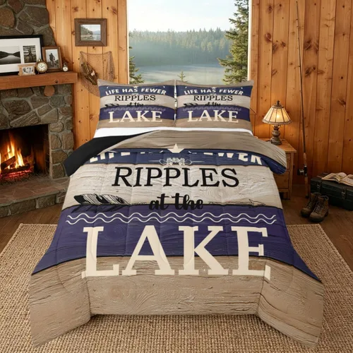 Miniatura 39 de Juego de ropa de cama King para casa del lago, juego de edredón de paleta de madera retro para regalos para amantes del lago, inserto de edredón
