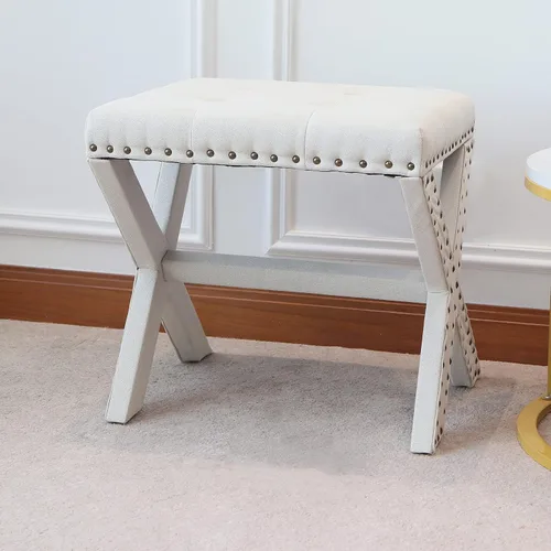 Miniatura 3 de AC Pacific Modern Chic - Taburete tapizado con tela de lino suave, ribete de cabeza de clavo, asiento copetudo y marco de madera maciza, 17 pulgadas