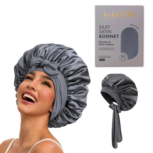 Miniatura 9 de LUCE Gorro de seda de satén para dormir, gorro de satén XL de doble capa de 600 hilos para mujer, gorro para dormir con lazo ajustable