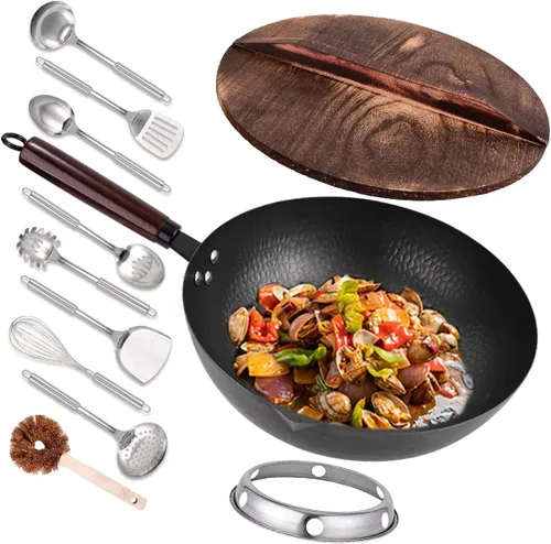 Leidawn Wok de acero al carbono de 12.8 pulgadas, 11 piezas de wok y sartenes para freír con tapa, wok chino sin revestimiento químico con 10