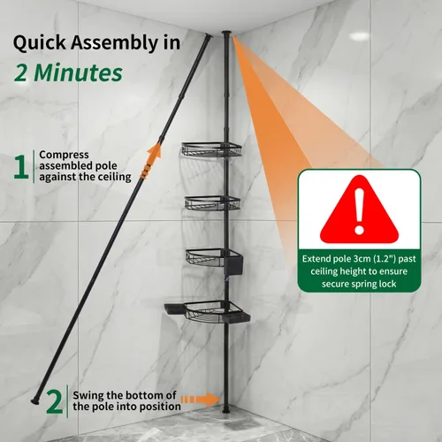 Miniatura 6 de Poste de tensión ajustable para ducha, organizador de baño de esquina de 4 niveles con bandejas de jabón y soporte para cepillos de dientes, estante