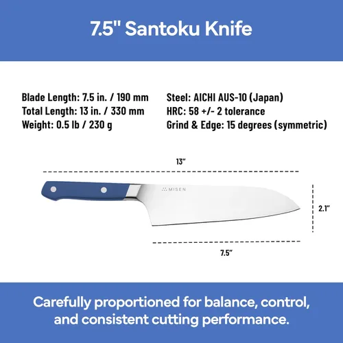Miniatura 8 de Misen Cuchillo de chef japonés Santoku – Acero inoxidable de alto carbono de 8 pulgadas – Diseño clásico japonés para cortar, rebanar y picar – Azul