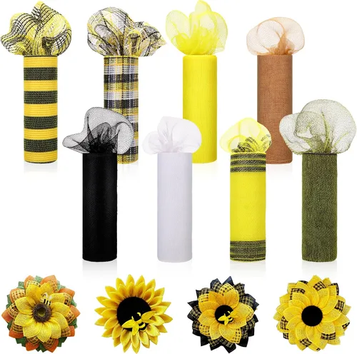 Newwiee 8 rollos de cinta de malla para el Día de las Abejas de 10 pulgadas x 30 pies cada rollo, decoración para coronas y girasoles, cinta de