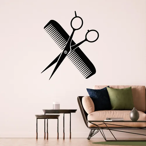 Vinilo Adhesivo de Pared Tijeras Peine Barbershop Haircut Pegatinas Decoración Grande (3537ig) Negro