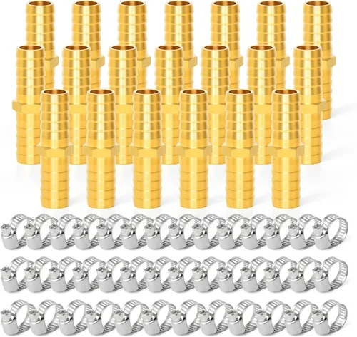 GASHER 20 Piezas Reductor de Púas de Manguera de Latón, 1/2 Pulgada a 1/2 Pulgada (12.7mm) ID de Manguera con 40 Abrazaderas de Manguera, Reductor