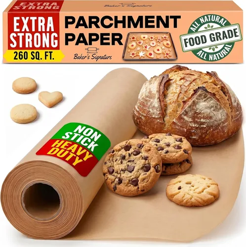 Papel pergamino sin blanquear de 260 pies cuadrados para hornear, rollo con cortador, pergamino marrón antiadherente resistente para hornear,