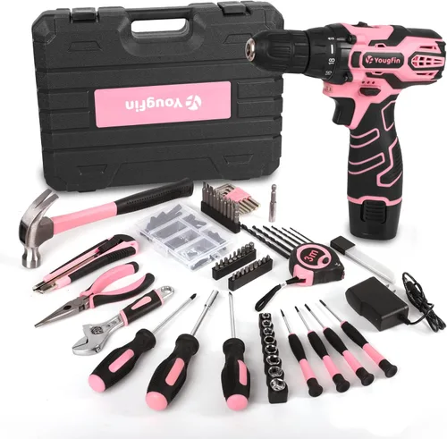 Juego de Taladro Rosa para Mujeres, Kit de Herramientas con Taladro de 12V para Reparación y Mejora de Casa y Oficina, Juego de Taladro Doméstico
