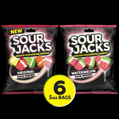 Miniatura 3 de Sour Jacks Paquete variado de golosinas de gomitas de caramelo, original y sandía, sin gluten, bolsas individuales de una sola porción, 5 onzas