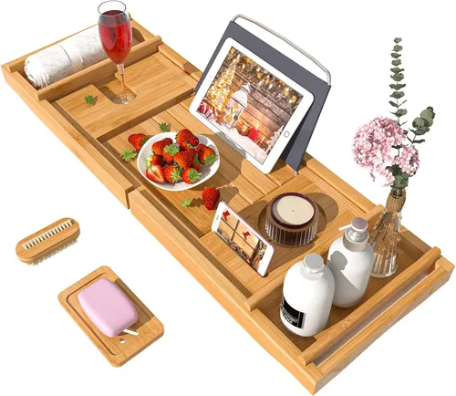Miniatura 9 de Bandeja de bañera para baño de lujo, mesa de baño expandible de bambú impermeable sobre la bañera con soporte para vino y libros y jabonera gratis