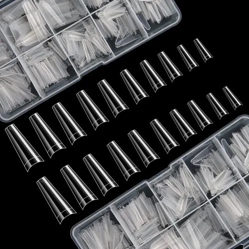 FEBSNOW 1,000 puntas de uñas acrílicas francesas tipo ataúd y bailarina, puntas de uñas artificiales, media cubierta, 10 tamaños, con cajas de