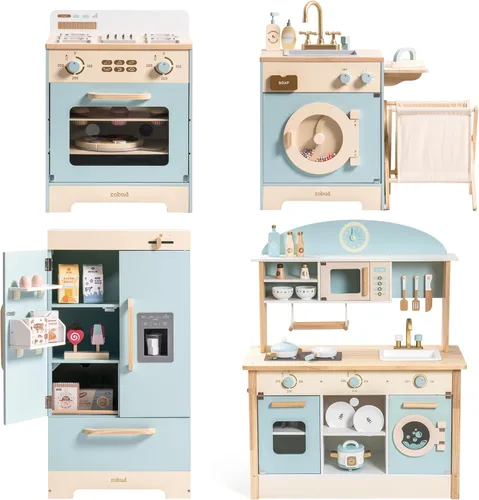 Miniatura 9 de ROBUD Juego de cocina de madera, juego de cocina de juguete para niños con diseño realista, utensilios, máquina de hielo, nevera, horno, lavadora