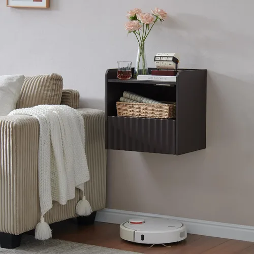 Miniatura 15 de BuildHom Moderna mesita de noche flotante acanalada montada en la pared, juego de 2 mesitas de noche con cajón de almacenamiento y estante