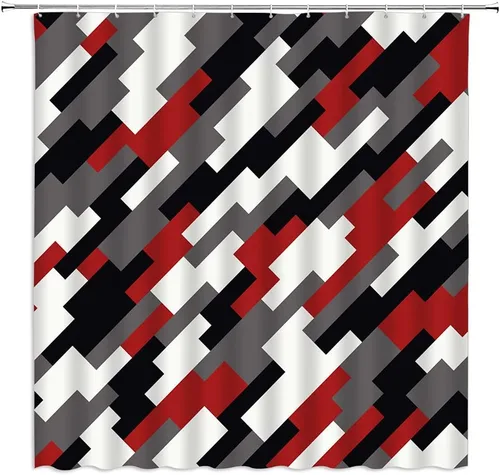 Cortina de ducha geométrica, negro, gris, rojo, blanco, geometría abstracta, azulejos de moda, patrón sin costuras, tela de diseño moderno, juego de