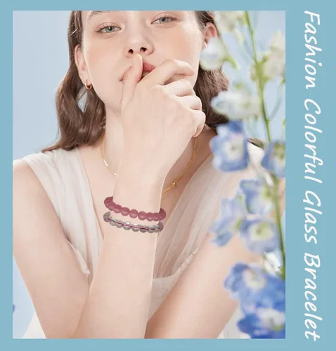 Miniatura 2 de FINZOR 28 pulseras elásticas de cuentas de 0.315in hechas a mano redondas de cristal para mujeres, pulseras de cuentas elásticas multicolor