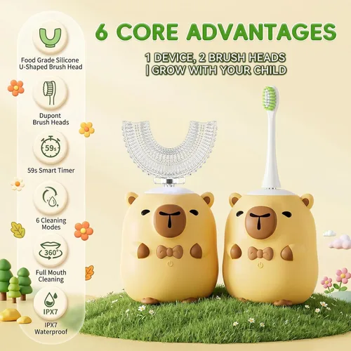 Miniatura 4 de Cepillos de dientes eléctricos para niños, cepillo de dientes ultrasónico en forma de U, cepillo de dientes recargable para niños con temporizador