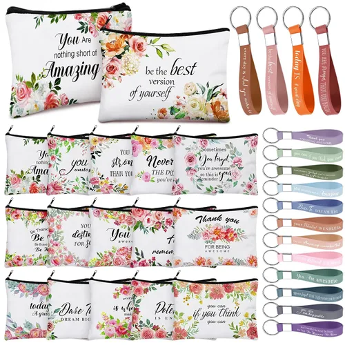 Miniatura 10 de Hillban - 32 bolsas de lona de maquillaje cosmético de lona a granel para mujeres, regalos inspiradores para profesores, bolsa de viaje, neceser