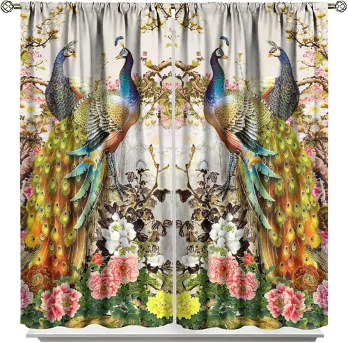 Miniatura 41 de Cortina opaca con estampado de pavo real, con estampado de animales retro, con bolsillo para cortinero y flores de peonía doradas, para dormitorio