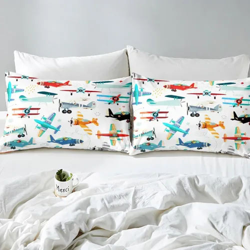 Miniatura 7 de Erosebridal Juego de sábanas de avión para niños, tamaño individual, color amarillo, rojo, verde azulado, con estampado de aviones de dibujos
