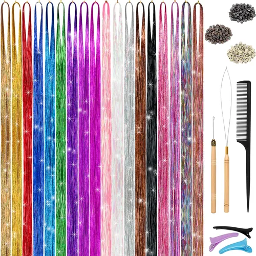 Kit de oropel para el cabello, 18 colores de 48 pulgadas, extensiones de cabello de oropel de hadas resistentes al calor con herramientas, CC