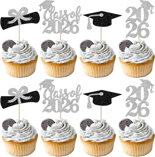 Paquete de 24 adornos para cupcakes de clase 2025 con purpurina 2025 para diploma de graduación 2025 para cupcakes temáticos de graduación 2025 para