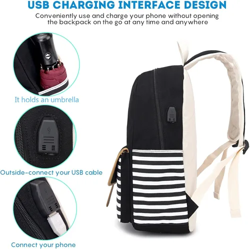 Miniatura 3 de Mochila escolar para adolescentes y mujeres, lindo juego de mochila universitaria de lona a rayas con bolsa de almuerzo, bolsa para lápices