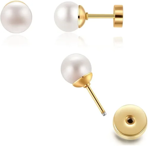 Miniatura 5 de Pearl Stud Earrings for Women,Flat Screw Back Pearl Helix Earrings Cartilage Earrings 316L Surgical Steel Piercing Jewelry Gift(7,8,9,10mm Pearl)