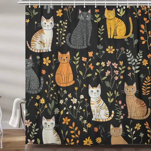 Miniatura 10 de MERCHR Cortina de Ducha de Gato Lindo Campista para Baño de Remolque de Viaje, Divertido Juego de Cortinas de Ducha de Tela Negra con Gato