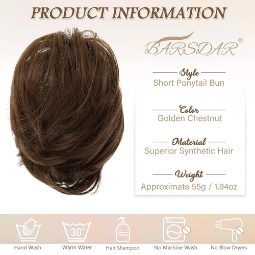 Miniatura 3 de BARSDAR Extensiones de Moño de Cabello Liso - Extensiones de Moño de Cabello Sintético Completamente Corto y Liso para Mujeres - Coleteros de Moño