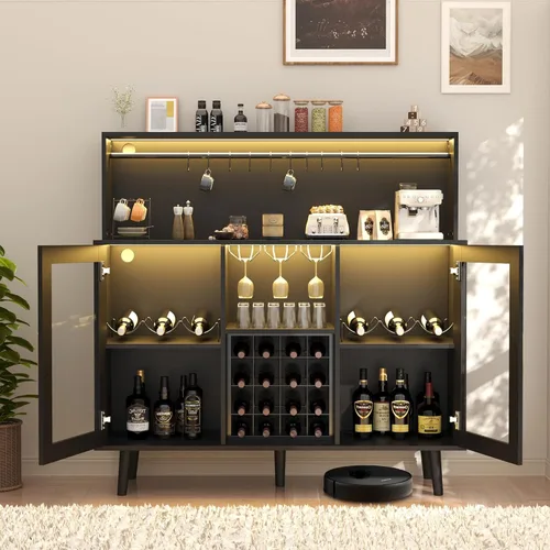 Miniatura 6 de MAGIC UNION Gabinete de bar de vinos con luz LED, barra de café para licor, gabinete de alcohol con estante de vidrio y estantes de vino extraíbles