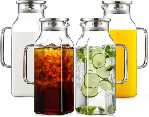 Miniatura 7 de 2 Pack de jarras de vidrio cuadrado de 2 litros/68 oz con tapa y asa para refrigerador, jarra para té helado y café, recipiente para bebidas, jarra