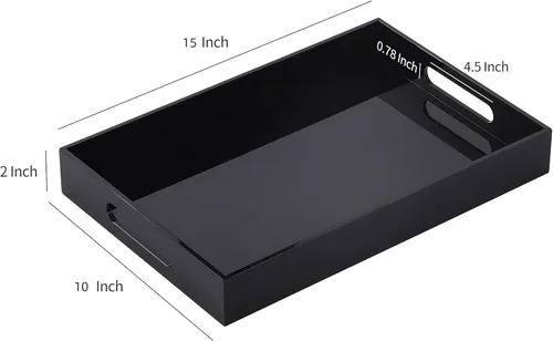 Miniatura 2 de Bandeja acrílica negra de gran tamaño con asas, 10 x 15 pulgadas, a prueba de derrames, bandejas decorativas para encimera para otomana, mesita