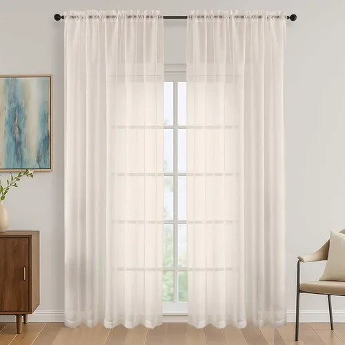 Miniatura 10 de OVZME - Cortinas traslúcidas blancas de 45 pulgadas de largo, 2 paneles, cortinas de gasa con bolsillo para barra para ventanas pequeñas, cada una