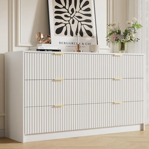 Miniatura 9 de Furniway Cómoda Beige para Dormitorio, Cómoda Moderna con 6 Cajones y Deslizadores Suaves, Cómoda Ancha con Manijas Doradas para Dormitorio, Sala