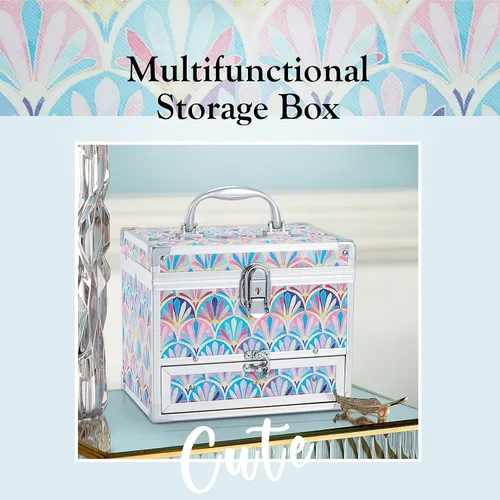 Miniatura 7 de Hododou Joyero organizador para niñas con cajón y espejo, estilo cola de sirena, estuche de almacenamiento con cerradura para niños o niñas