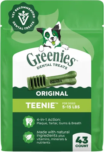 Greenies - Golosinas dentales naturales para perros recomendadas por veterinarios, tamaño Teenie, sabor original, paquete de 12 onzas, 43 unidades
