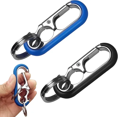 Llavero para hombre – Llavero abrebotellas con 2 anillos, liberación rápida, aleación de zinc, negro, llavero perfecto para coche (negro + azul),