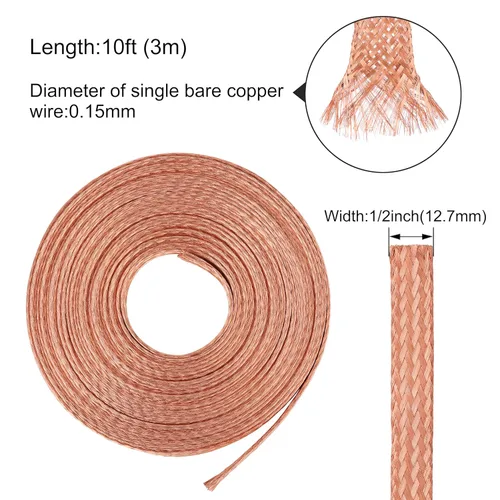 Miniatura 2 de Cable trenzado de cobre plano de 10 pies, correa de tierra de cobre trenzada de 1/2 pulgada, malla de alambre de blindaje espiral flexible desnudo