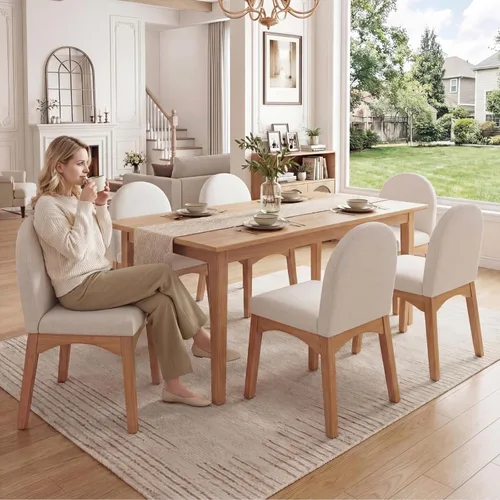 Miniatura 10 de HNY Juego de 2 sillas de comedor modernas de mediados de siglo, sillas de comedor tapizadas de tela de lino, sillas de cocina sin brazos con patas