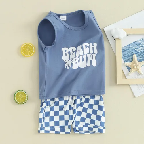 Miniatura 21 de Ropa de bebé niño sin mangas + pantalones cortos con estampado a rayas con bolsillos, 2 piezas de trajes de verano