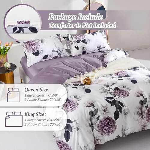 Miniatura 7 de MILDLY - Juego de funda de edredón 100% algodón de fibra larga con patrón de flores de loto e hidra, funda de edredón impresa, 3 piezas, juego