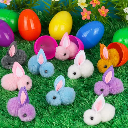 Miniatura 6 de Paquete de 24 rellenos de huevos de Pascua con conejito de Pascua de peluche con juguetes en el interior, mini animales de peluche de Pascua, huevos