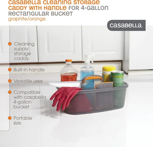 Miniatura 3 de Casabella Organizador de almacenamiento de limpieza multiusos de plástico con asa, 1.85 galones, cubo de limpieza rectangular gris y naranja
