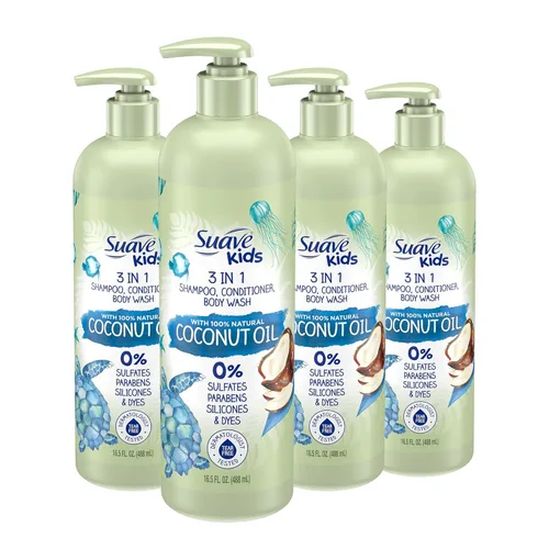 Suave Kids Aceite de Coco Natural 3 en 1 Sin Lágrimas, Gel de Baño, Champú y Acondicionadores, Sin Sulfatos, Sin Parabenos, Sin Siliconas, Sin