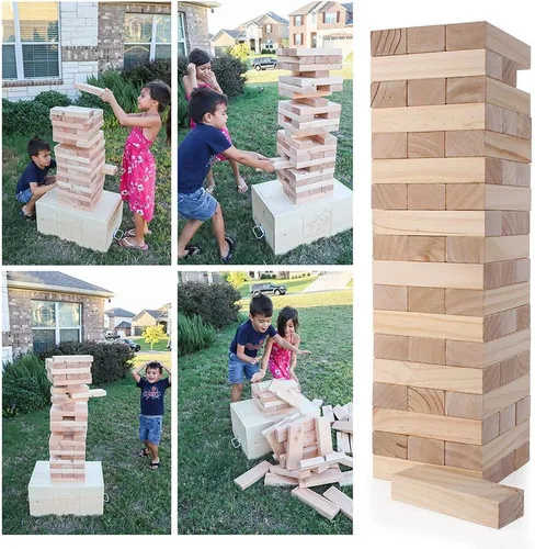 Miniatura 4 de Torre gigante (se apila hasta más de 4 pies), juego de apilamiento de bloques de madera de 54 piezas, juego para interiores y exteriores, para niños