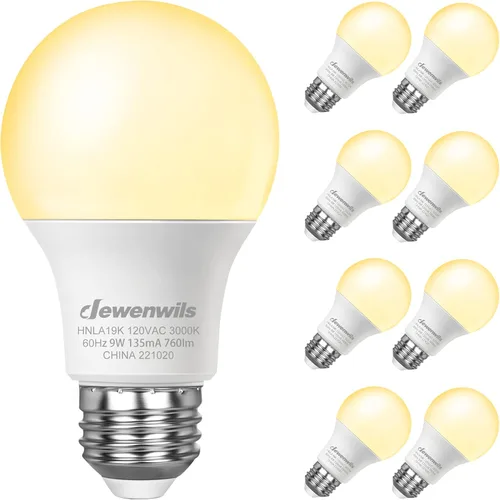 DEWENWILS Paquete de 8 Bombillas LED A19, 760LM, Bombillas de Luz Cálida de 3000K, Bombilla LED E26 de Ahorro de Energía de 60 Vatios, Bombilla No