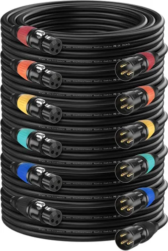 Miniatura 10 de Cable DMX de 10 pies, paquete de 6 cables flexibles XLR chapados en oro de 3 pines macho a hembra, compatible con micrófono, luz de escenario