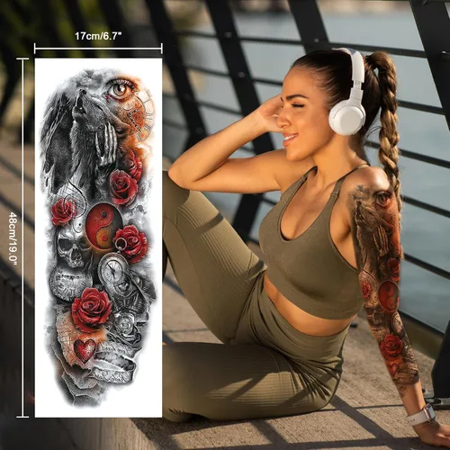 Miniatura 4 de Tatuaje temporal de brazo completo de Halloween para hombres y mujeres, 12 hojas de tatuajes temporales de manga de esqueleto de calavera, tatuajes